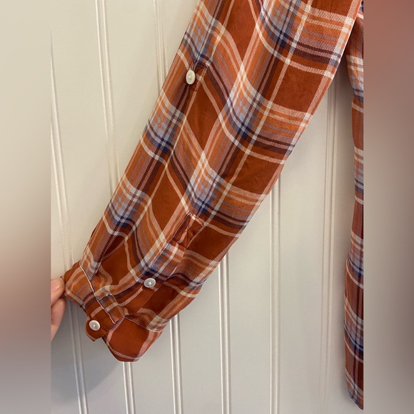 Joie Silk Burnt Orange Plaid V Neck Collarless Blouse Button Cuff Long Sleeve S - Picture 6 of 10
